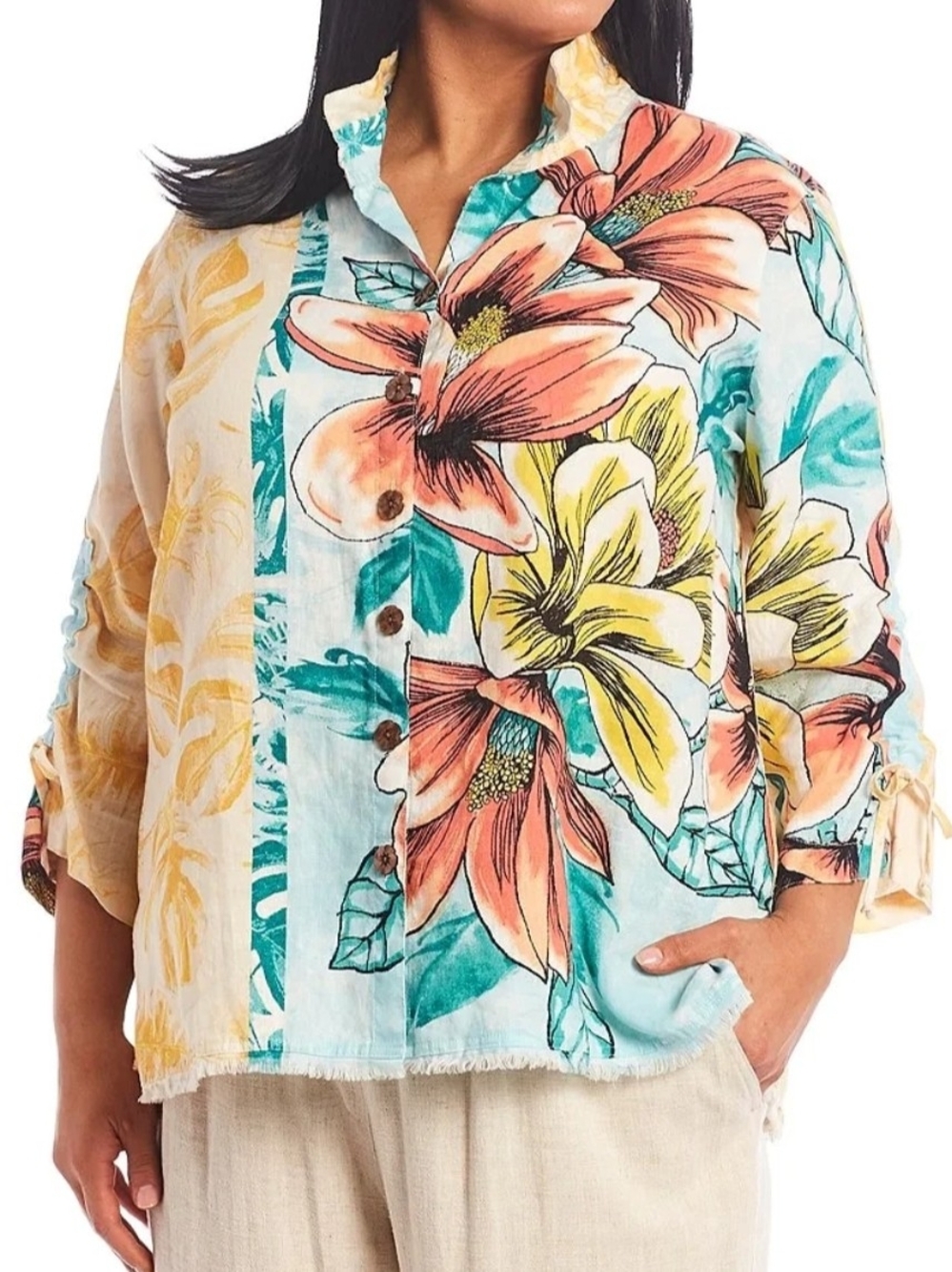 John Mark -Sz 2X- Multicolored Floral Linen Button-Down Front 3/4 Sleeve Shirt - Picture 14 of 14